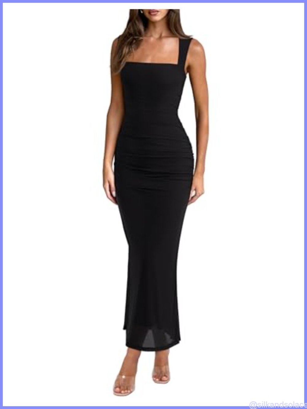 Sleeveless Square Neck Bodycon Maxi Dress with Side Ruches - Wedding Guest